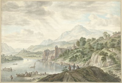 Heuvellandschap met een kasteel aan een rivier door Abraham Delfos