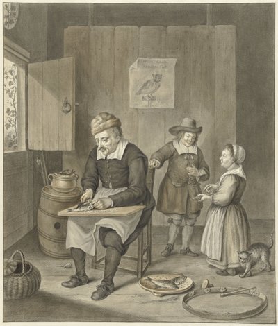 Interieur met man die vissen schoon maakt en twee kinderen door Abraham Delfos