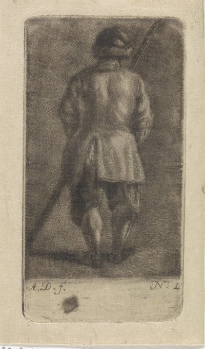 Man met stok, op de rug gezien door Abraham Delfos