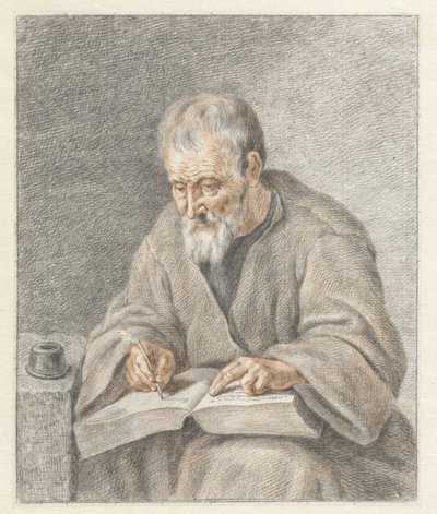 Oude man, schrijvend in boek door Abraham Delfos