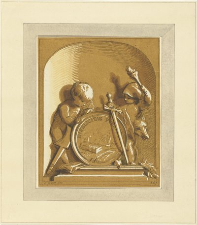 Putti staand bij medaillon met graftombe, in nis door Abraham Delfos