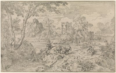 Arcadisch landschap met geitenhoeder door Abraham Genoels