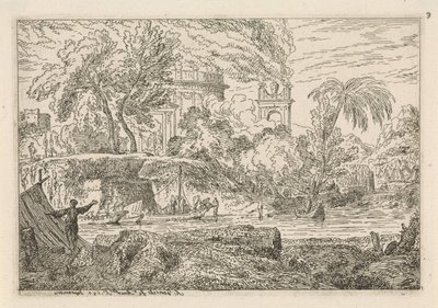 Arcadisch landschap met triomfboog door Abraham Genoels