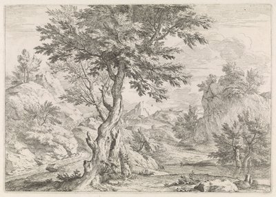 Heuvelachtig landschap met rotsen door Abraham Genoels
