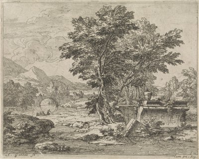 Landschap met een klassieke ruïne door Abraham Genoels