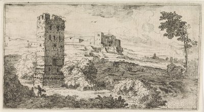 Landschap met vierkante toren door Abraham Genoels