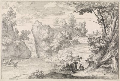 Rivierlandschap met een haas door Abraham Genoels