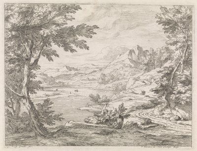 Rivierlandschap met een weg door Abraham Genoels