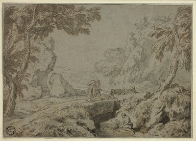 Landschap met sater, geiten en andere figuren door Abraham Genoels II