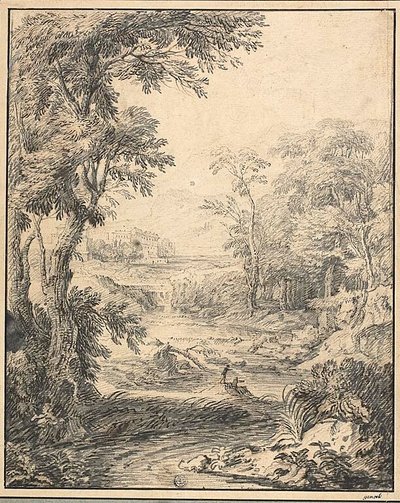 Rivierlandschap met twee figuren op de voorgrond, kasteel in de verte door Abraham Genoels II