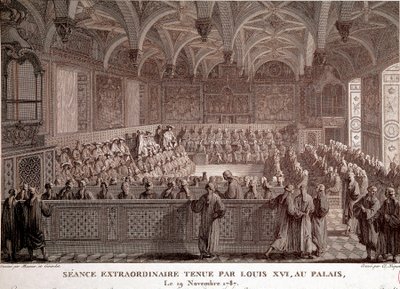 Eerste van de Franse Revolutie: Buitengewone zitting gehouden door Lodewijk XVI in het Paleis van Versailles, 19 november door Abraham Girardet