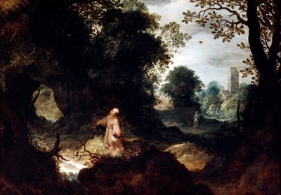 Rotsachtig landschap met Sint Franciscus, begin 17e eeuw door Abraham Govaerts