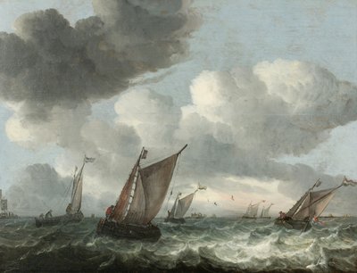 Vissersboten voor de kust in een woelige zee door Abraham Hendricksz van Beyeren