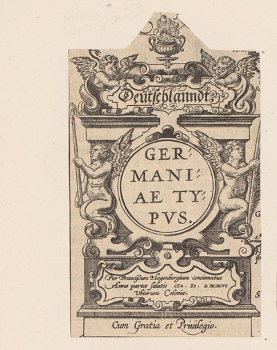 Cartouche met vier putti door Abraham Hogenberg