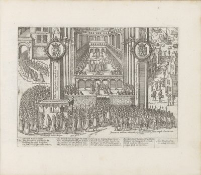 Uitzicht op de buitenkant van Westminster Abbey tijdens de kroning van James I door Abraham Hogenberg