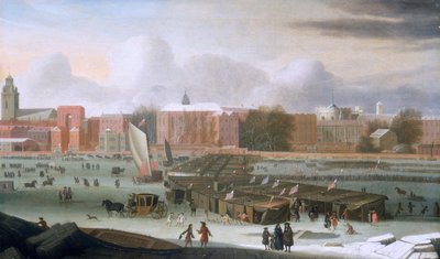 Een IJsmarkt op de Theems bij Temple Stairs, ca. 1684 door Abraham Hondius