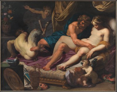 Hercules schopt Faunus uit het bed van Omfale door Abraham I Janssens