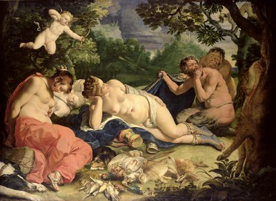 Diana en slapende nimfen, bezocht door saters door Abraham Janssens van Nuyssen