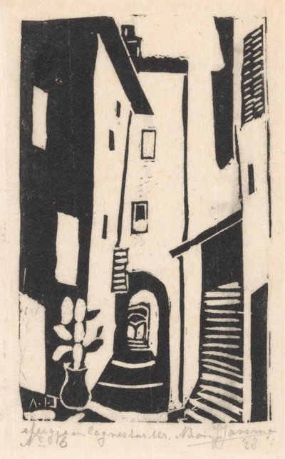 Straatgezicht met trap in Cagnes-sur-Mer door Abraham Johannes Jansma (signed by artist)