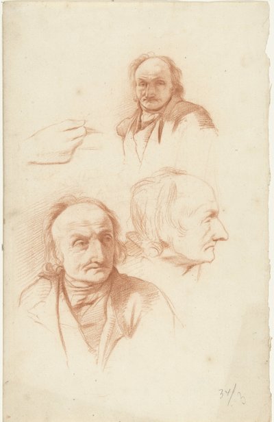 Drie studies van het hoofd van een oude man en een hand door Abraham Johannes Ruytenschildt