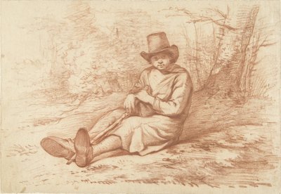Zittende jongen met hoed en stok, bij een boom door Abraham Johannes Ruytenschildt