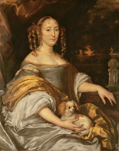 Portret van een jonge dame in blauwe jurk met schoothondje door Abraham Lambertsz van den Tempel