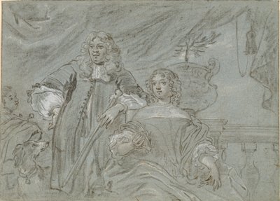 Groep van een zittende dame en een staande heer, kniestukken. Op de achtergrond een zwarte Afrikaan en een hond, rechts een balustrade door Abraham Lambertsz. van den Tempel
