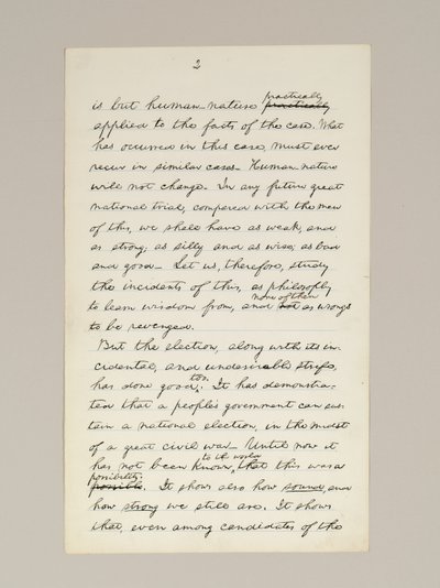 Handgeschreven manuscript van Lincolns overwinningsspeech als president, gehouden in Washington D.C., vanuit het raam van het Witte Huis op de avond van 10 november door Abraham Lincoln