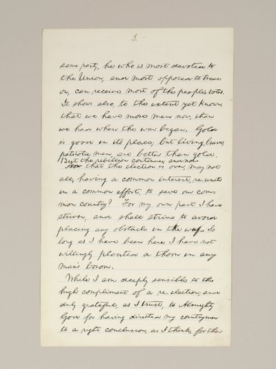 Handgeschreven manuscript van Lincolns overwinningsspeech als president, gehouden in Washington D.C., vanuit het raam van het Witte Huis op de avond van 10 november door Abraham Lincoln
