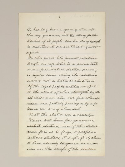 Handschrift van Lincolns overwinningsspeech als President, gehouden in Washington D.C., vanuit het raam van het Witte Huis op de avond van 10 november door Abraham Lincoln