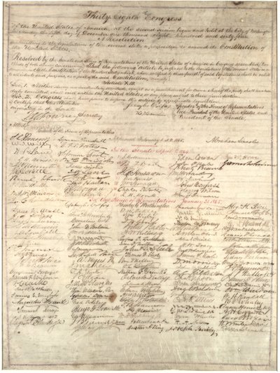 Congreskopie van de resolutie over het dertiende amendement, 1 februari 1865 (inkt op perkament) door Abraham Lincoln