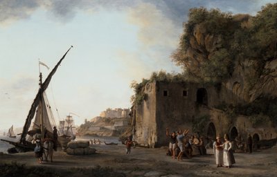 Paar: Havenzicht met handelaren en zeelieden die muziek maken door Abraham Louis Rudolph Ducros
