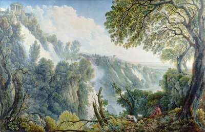 De watervallen van Tivoli met een man zittend onder de tempel van de Sibyl door Abraham Louis Rudolph Ducros