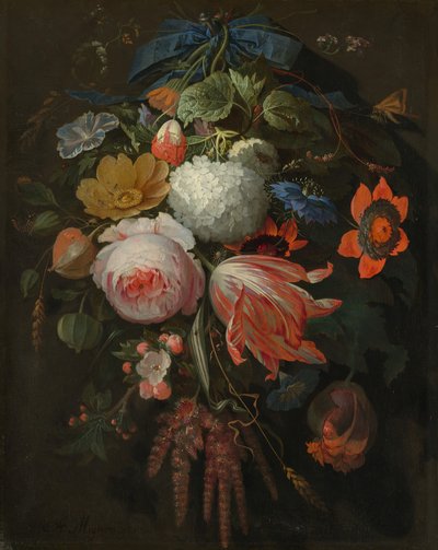 Een hangend boeket bloemen, waarschijnlijk 1665-1670 door Abraham Mignon