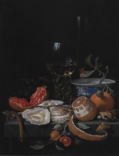 Oesters, fruit en een wijnglas op een stenen tafel door Abraham Mignon