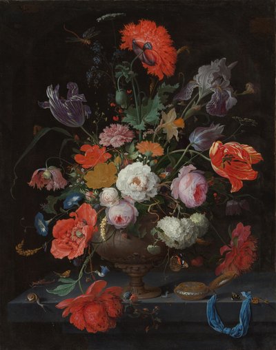 Stilleven met bloemen en een horloge, c.1660-79 door Abraham Mignon