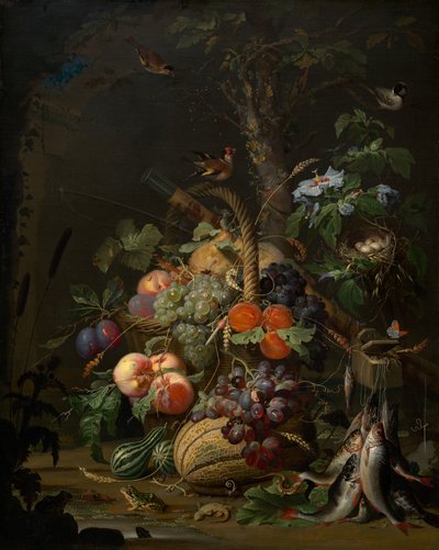 Stilleven met fruit, vis en een nest door Abraham Mignon