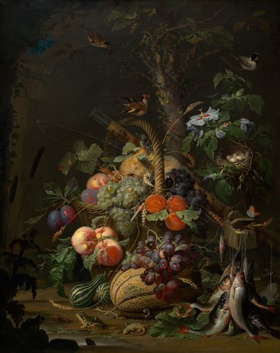 Stilleven met Fruit, Vis en een Nest door Abraham Mignon