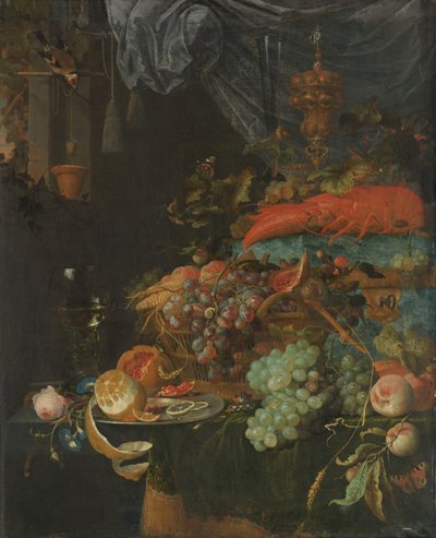 Stilleven met fruit en een distelvink door Abraham Mignon