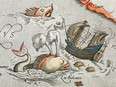 Zeemosters die een schip aanvallen (detail) door Abraham Ortelius