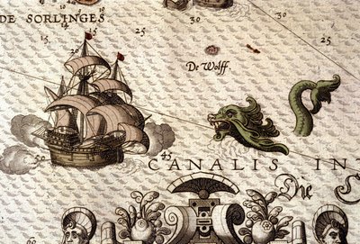 Een zeemonster dat een galeon (karveel) aanvalt. Detail van een kaart in 