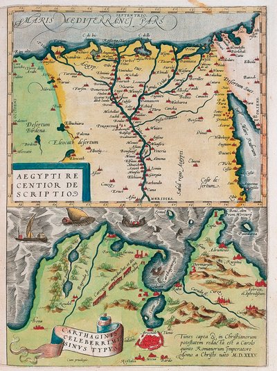 Aegypti Recentior Descriptio. - Carthaginis Celeberrimi Sinus Typus. Geografische kaart van Egypte met de steden van de Nijl en Carthago (Tunesië) uit 
