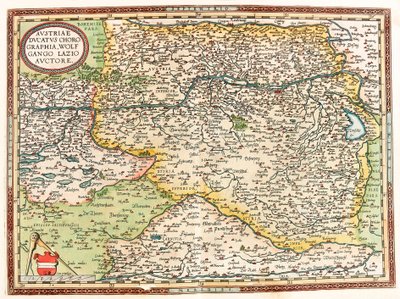 Austria Ducatus Chorographia Wolfgango Lazio Auctore Geografische kaart van het gebied van Oostenrijk met de Donau en de stad Wenen uit 