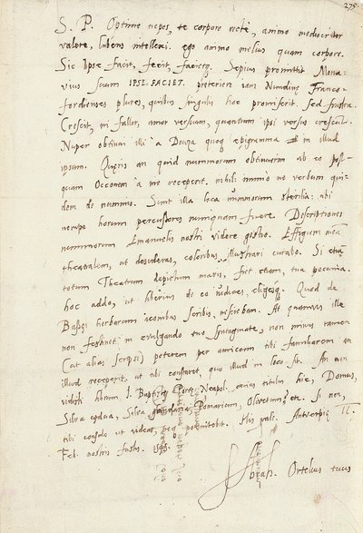 Handtekening brief aan zijn neef, Jacob Cool (Jacobus Colius), Antwerpen, 2 februari 1595 door Abraham Ortelius