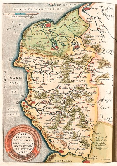 Caletensium et Bononiensium Ditionis Accurata Delineatio Geografische kaart van het Boulonnais-gebied (Comte de Boulogne), Artois en Frans-Vlaanderen (Frankrijk) inclusief de plaatsen Calais, Arches, Greuelinge, Etaples en Montreuil... uit 