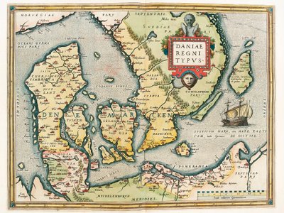 Daniae regni Typus Geografische kaart van het gebied van Denemarken en Zuid-Zweden uit 