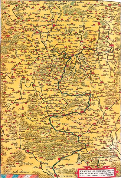 Franciae Orientalis (Vulgo/Franckenlant) Descriptio, Auctore, Sebast. A. Rotenhan Geografische kaart van het gebied van Frankenland in Duitsland met de stad Frankfurt (ook de stad Karlstadt..) uit 