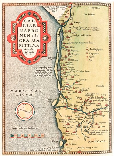 Galliae Narbonensis ora Marittima Recenter descripta Geografische kaart van het gebied van Narbonne van de stad Narbonne tot Marseille via Beziers, Montpellier, Arles... uit 