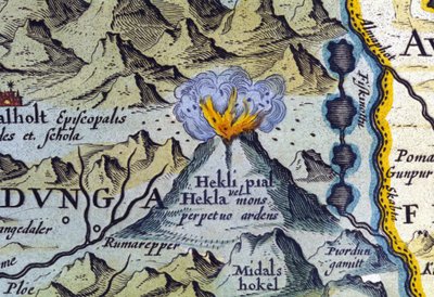 Hekla vulkaan in IJsland. Atlas van Abraham Ortelius, Amsterdam 1588 door Abraham Ortelius