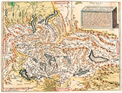 Helvetiae Descriptio Aegidio Tschudo Auct. Geografische kaart van de Zwitserse en Franse Alpen inclusief meren uit 